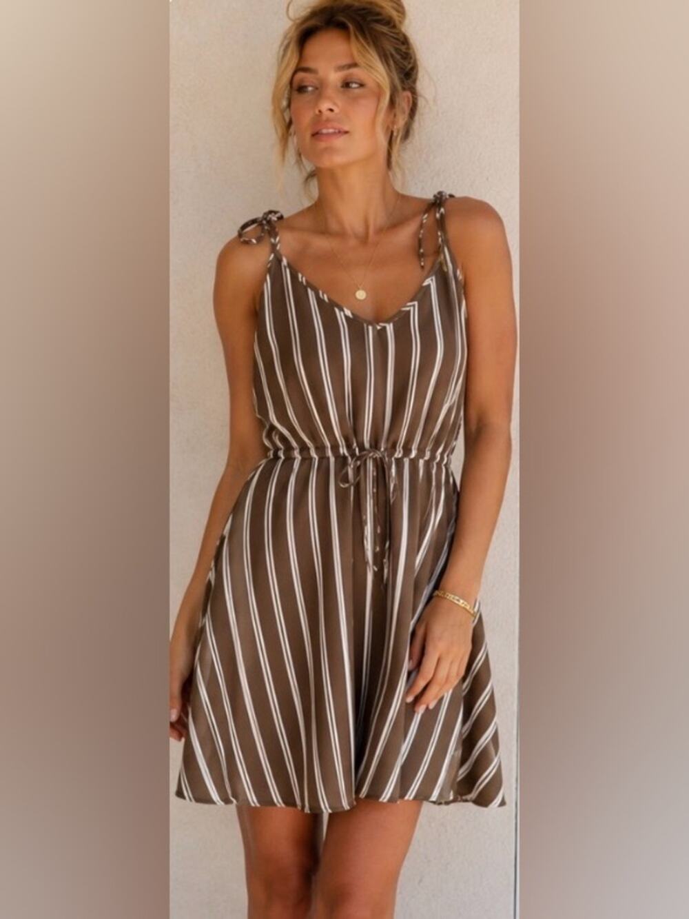 Vernacular Army Green Striped Tie Strap Dress – Size Medium